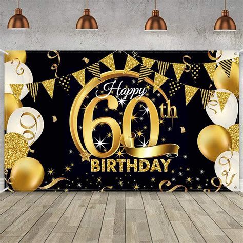 60th Birthday Party Decoration Oversized Fabric Black Gold Birthday Background Banner Suitable