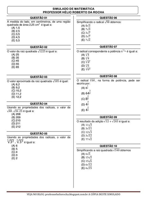 Simulado De Matem Tica Professor H Lio Roberto Da Rocha Quest O A