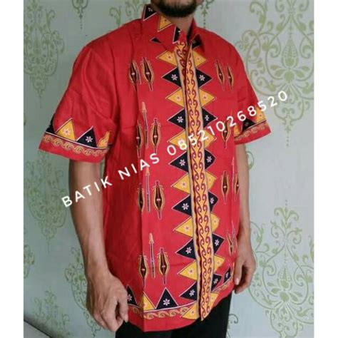 Jual Restok Kemeja Pendek Batik Nias Motif Baluse Warna Merah Ls