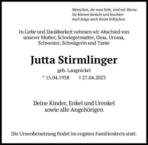 Traueranzeigen Von Jutta Stirmlinger Trauer Rheinmain De