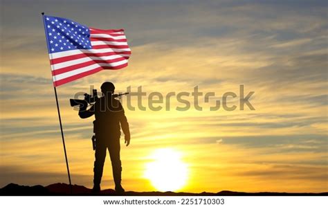 Silhouette Soldier American Flag Sunset National Stock Vector (Royalty ...