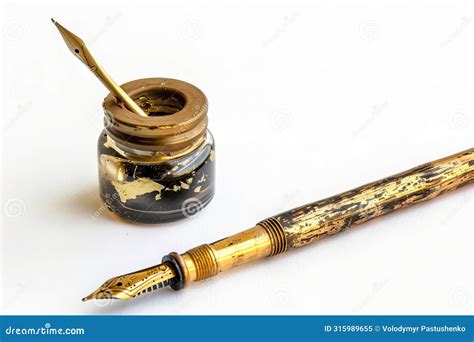 A Gold Fountain Pen And Ink Bottle Stock Image Image Of Bottle