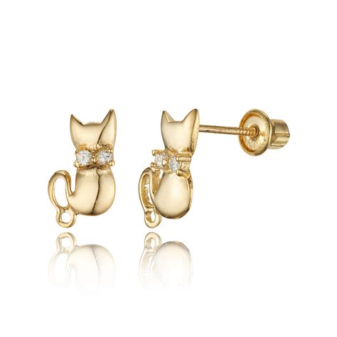 14k Yellow Gold Cat CZ Children Screwback Baby Girls Stud Earrings – Children Earrings by Lovearing