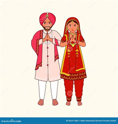 Sikh Wedding Couple Greeting Namaste In Traditional Dress On Cosmic