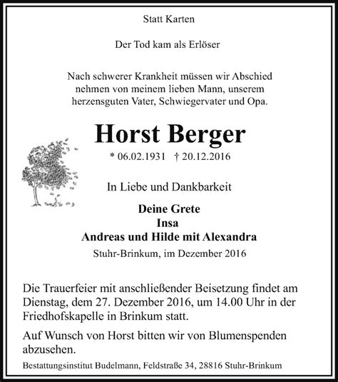 Traueranzeigen Von Horst Berger Trauer Kreiszeitung De