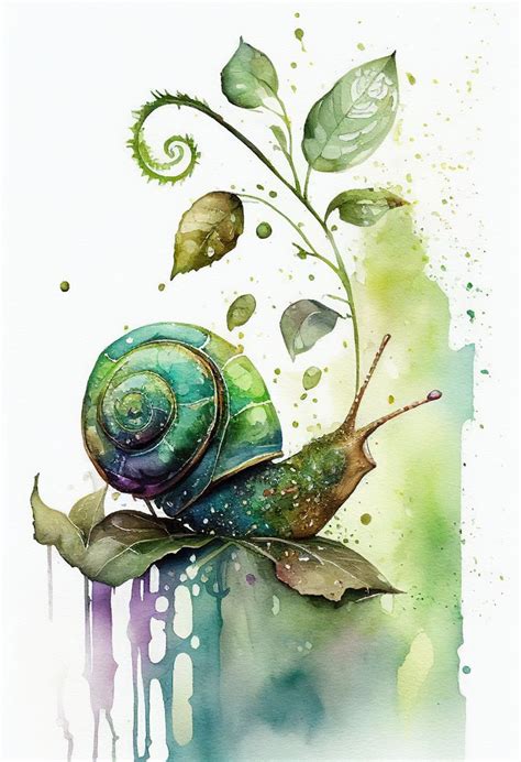 Hand Painted Green Snail Portrait By Andrew Simpson Watercolor Art