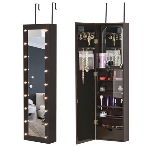 Homcom Jewelry Armoire With Mirror And Led Lights Wall Mounted Over