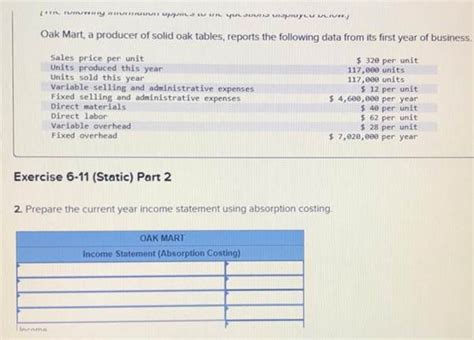 Solved Required Information Exercise 6 11 Static Absorption Costing And 1 Answer