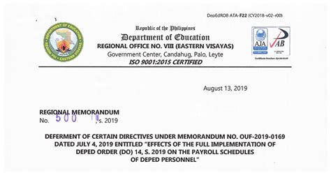 RO8 RM S2019 500 Deferment Of Certain Directives Under Memorandum No