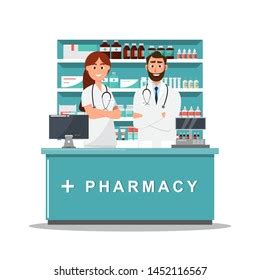 Pharmacy Nurse Counter Drugstore Cartoon Character Stock Vector