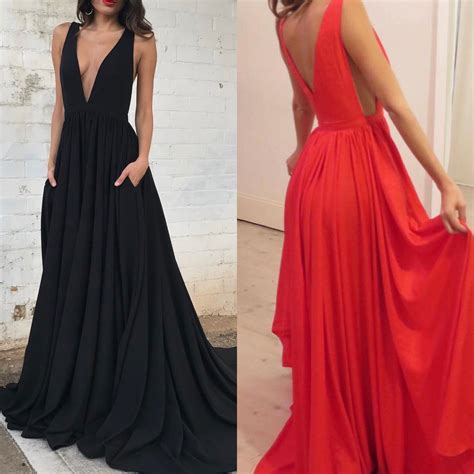 Black Plunging V Sleeveless A Line Long Prom Dress Evening Dress On Luulla