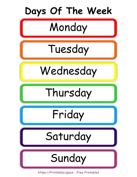 Colorful Days Of The Week Chart (Starting With Monday) - Free Printables