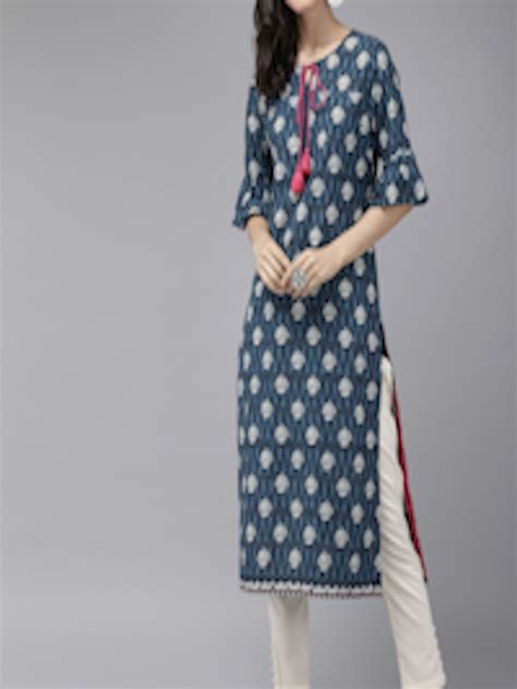 Buy Anouk Women Navy Blue And White Floral Printed Straight Kurta