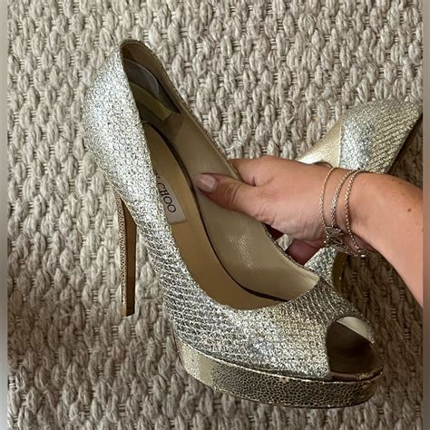 Jimmy Choo Gold Glitter Dahlia Peeptoe Pumps Size Gem