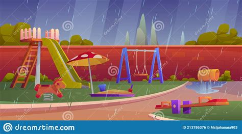 Kids Playground At Rainy Weather Children Area Stock Vector