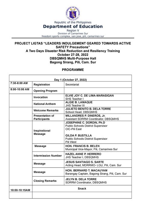 Training Matrix Drrm Training Republic Of The Philippines Department Of Education Region V