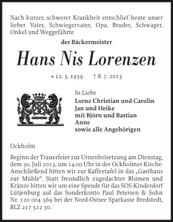 Traueranzeigen Von Hans Nis Lorenzen Sh Z Trauer