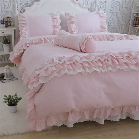 Top Pink Embroidery Lace Ruffle Bedding Set European Style Bedroom