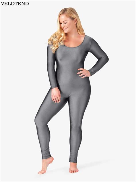 Velotend Adult Plus Size Scoop Neck Nylon Long Sleeve Unitard Full Body