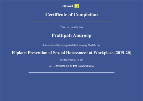 Certificate Of Completion Flipkart Prevention Of Sexual Harassment At