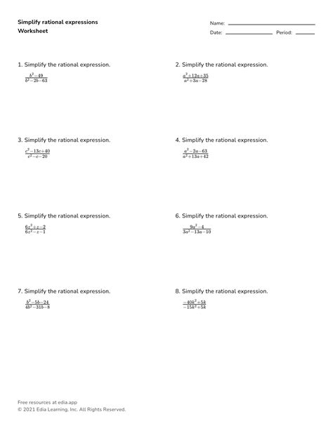 Simplifying Rational Expressions Worksheets Math Monks