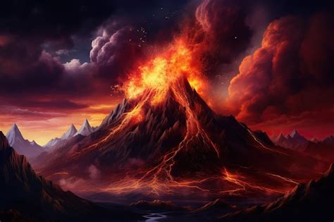 Premium AI Image | Night landscape with volcano and burning lava