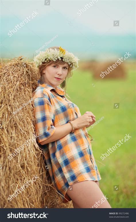 Pretty Farm Lady Near A Haystack Stock Photo 99272486 Shutterstock