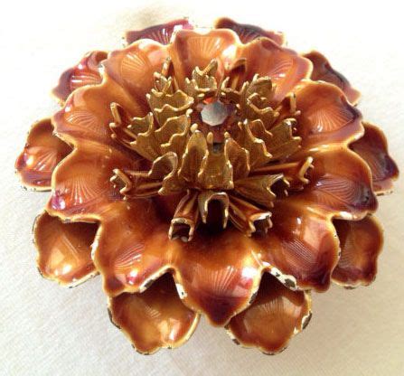 S Caramel Brown Enamel On Gold Tone Chrysanthemum Brooch From