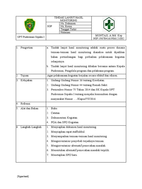 Sop Tindak Lanjut Hasil Monitoring Pdf