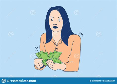 Illustrations Beautiful Young Woman Happy Holding Lot Of Money Cash