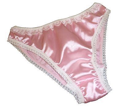 Pale Pink Shiny Satin Panties Low Rise Bikini Briefs Ivory Lace Made In