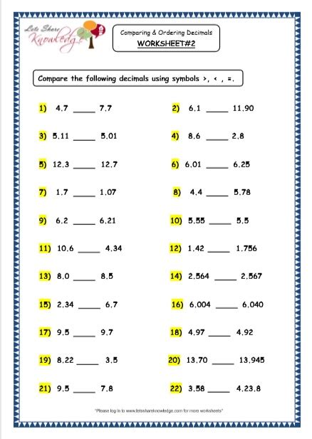 Grade Maths Resources Comparing And Ordering Decimals Printable