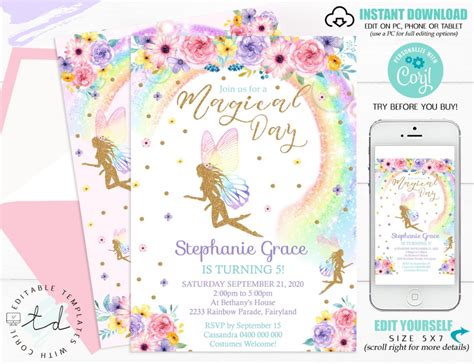 Rainbow Fairy Birthday Invitation Instant Download Fairy Invitation