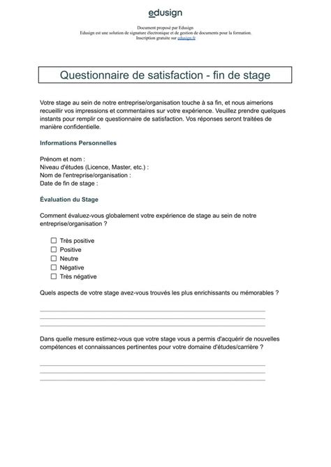 Mod Le De Questionnaire De Satisfaction Fin De Stage Edusign