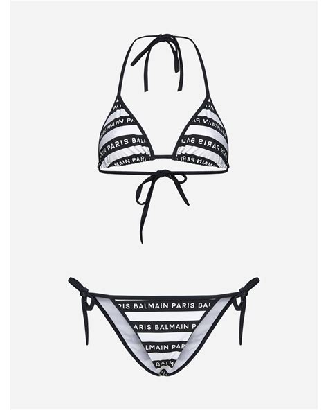 Balmain Logo Tape Stripe Triangle Bikini In White Lyst