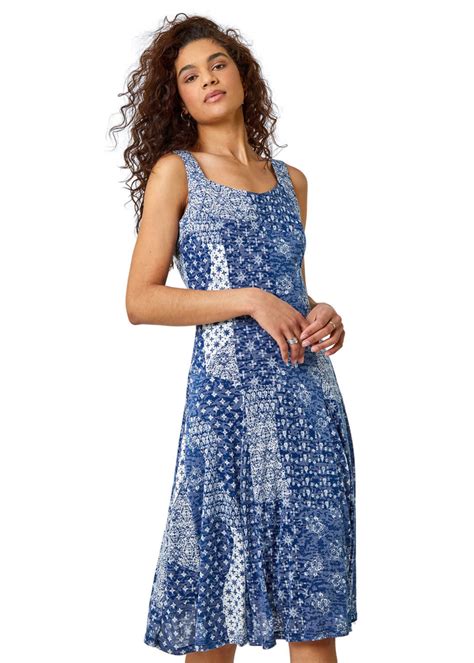 Roman Blue Patchwork Print Fit And Flare Dress Matalan