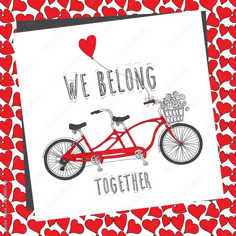 Card Valentines Day Tandem Bike With A Balloon On A Red Heart Background Vector Illustration