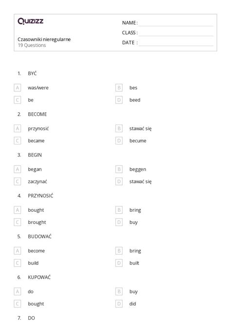 Ponad Czasowniki Nieregularne Arkuszy W Quizizz Darmowe I Do Druku