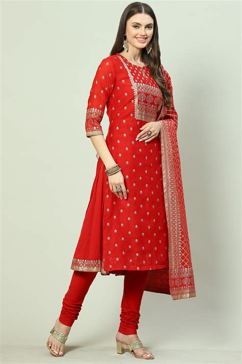 Red Art Silk Layered Kurta Churidar Suit Set