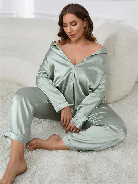 Plus Contrast Piping Satin PJ Set SHEIN USA