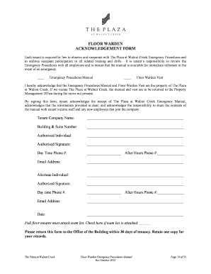 Fillable Online Theplazaatwalnutcreek Floor Warden Acknowledgement Form