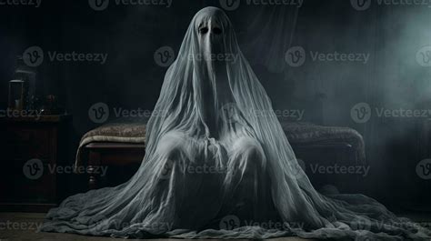 A Ghost Sitting On A Bed In A Dark Room Generative Ai 32119396 Stock