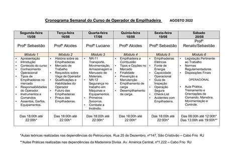 Cronograma Semanal Do Curso De Operador De Empilhadeira Docx