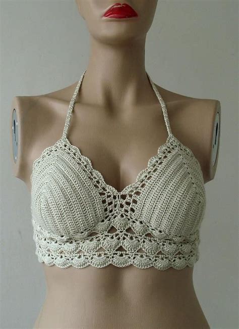 Crochet Top Beige Bustier Crochet Halter Top Women Bikini Etsy Top