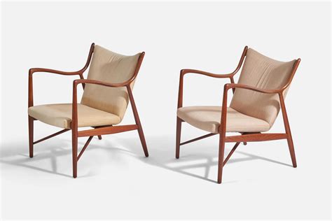 Finn Juhl NV 45 Lounge Chairs Teak Fabric Niels Vodder Denmark