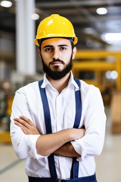 Retrato de un atractivo joven ingeniero que trabaja en una fábrica