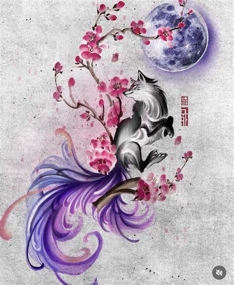 An Artistic Painting Of A Wolf On A Branch With Flowers And Moon In The