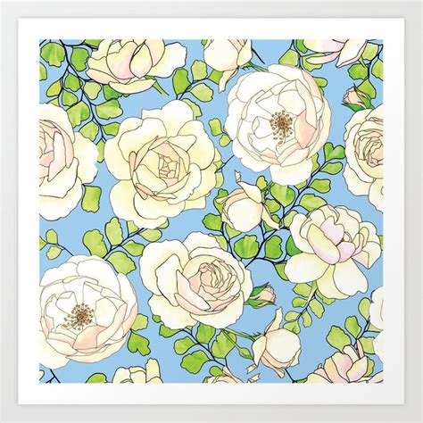 English Roses And Maidenhair Ferns Lt Blue Pattern Art Print By