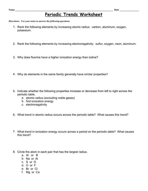 Periodic Trends Worksheet Live Worksheets Worksheets Library