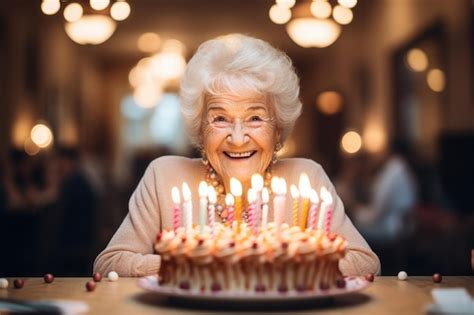 Premium Ai Image Elderly Woman Blowing Out Candles On A Birthday Cake